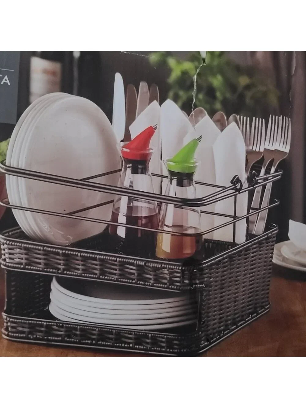 MESA Woven Rattan & Metal Serving/Picnic Caddy Organizer Utensils Dish w Handles